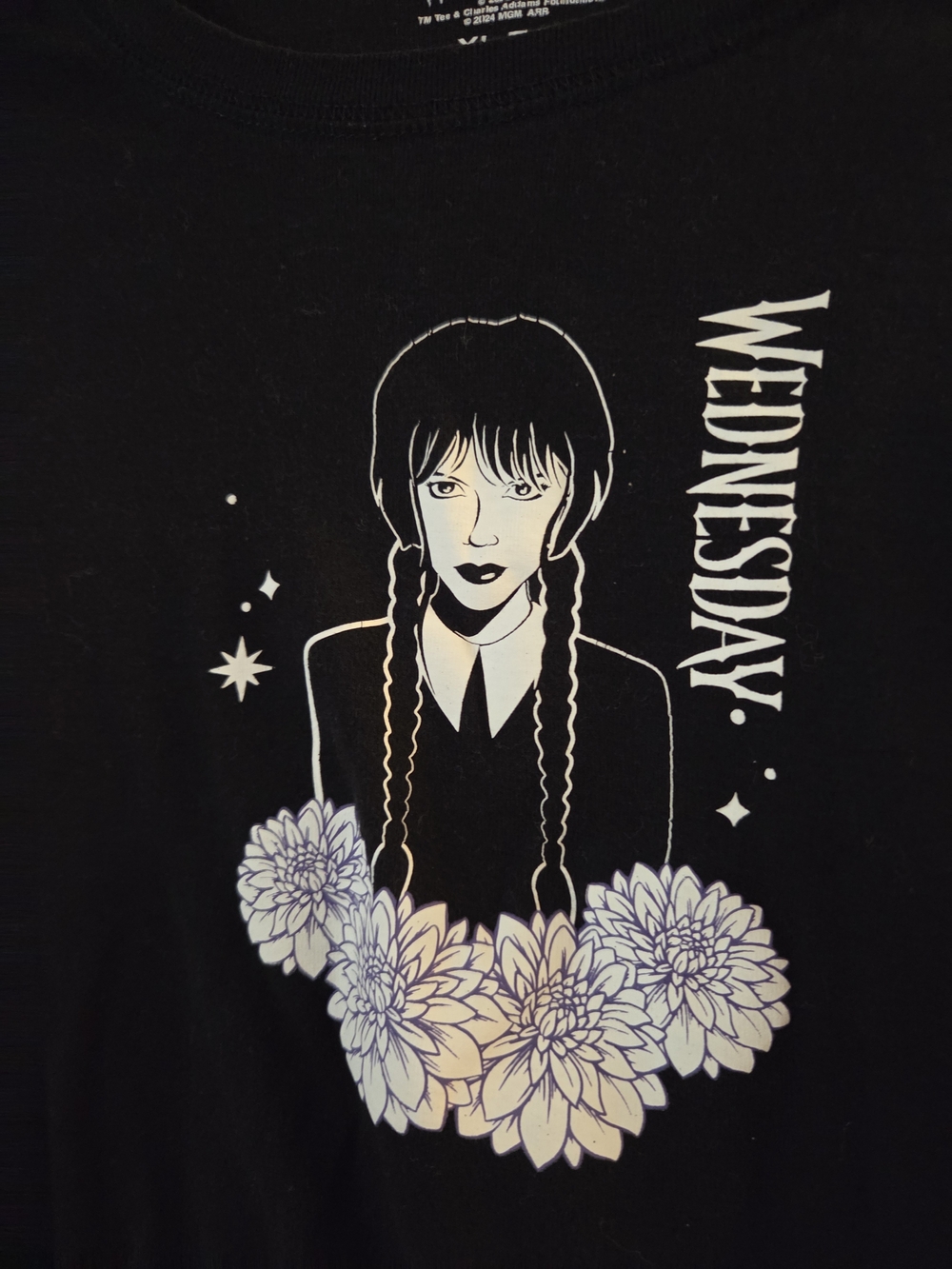 Wednesday Addams Graphic Tee Black with White Kids XL